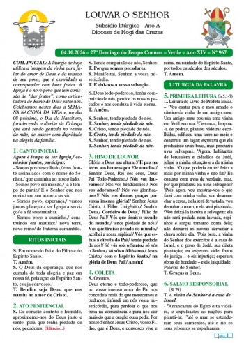 Louvar o Senhor - Ano A - 04 de outubro de 2026 - 27º Domingo do Tempo Comum